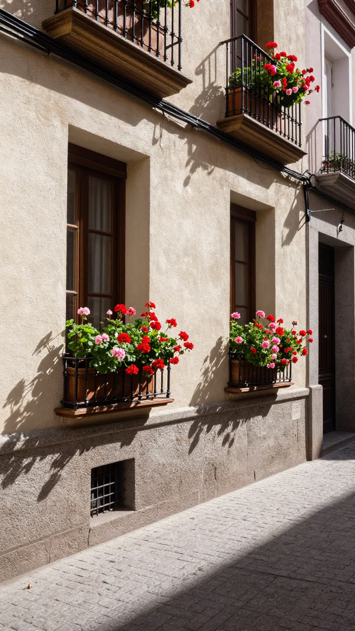 Bright Midmorning Madrid Street Scene With Window Boxes And Stone Bench in in Madrid, Spain