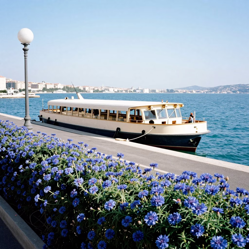 Bright Midmorning Marseille Street Scene with Water Taxi and Plumbago Hedge in in Marseille, France