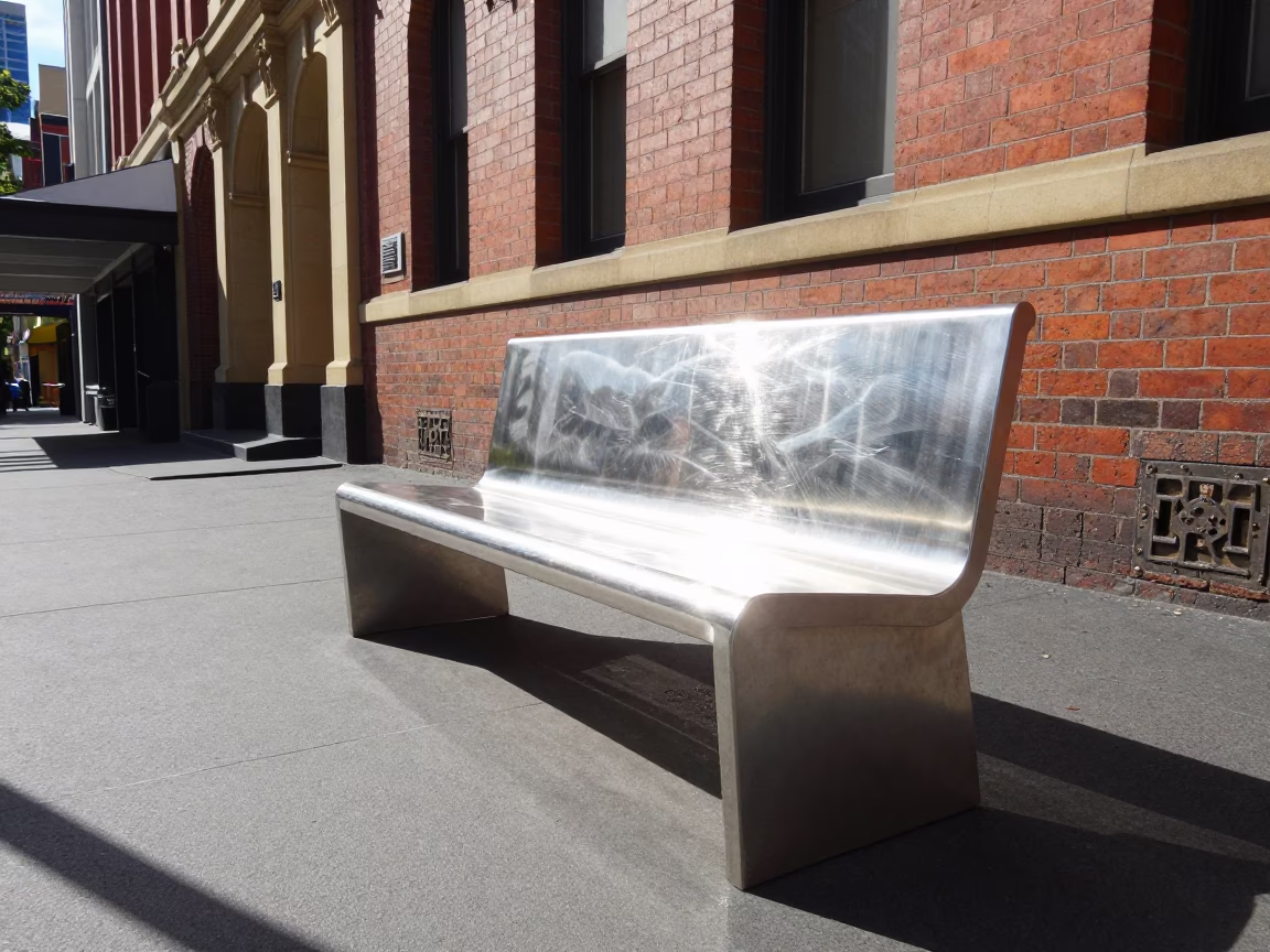 Bright Midmorning Melbourne Street Scene with Brushed Steel Bench Slat and Window Light in in Melbourne, Victoria, Australia