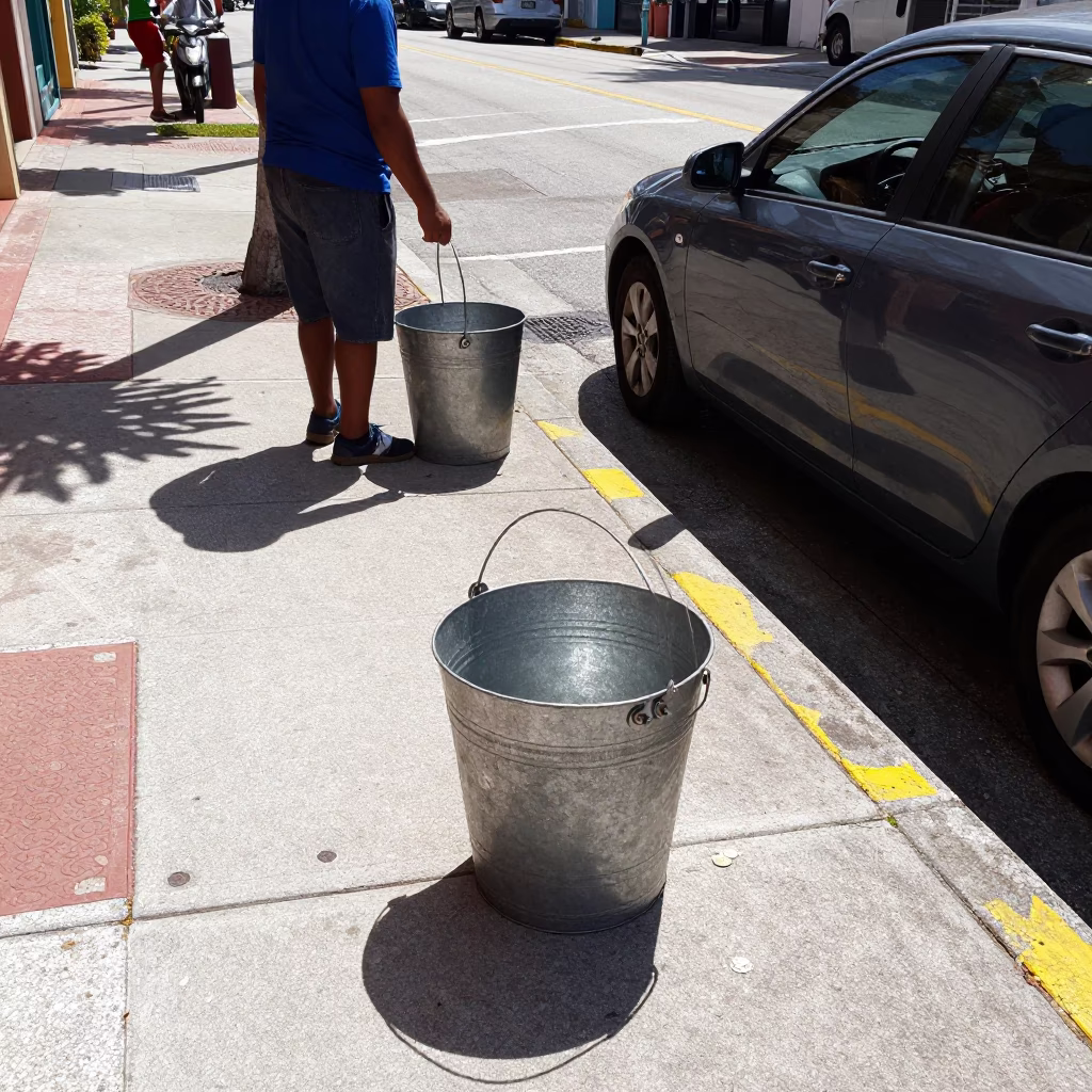 Bright Midmorning Miami Florida Street Scene with Metal Bucket and Glass Saucer in in Miami, Florida, United States