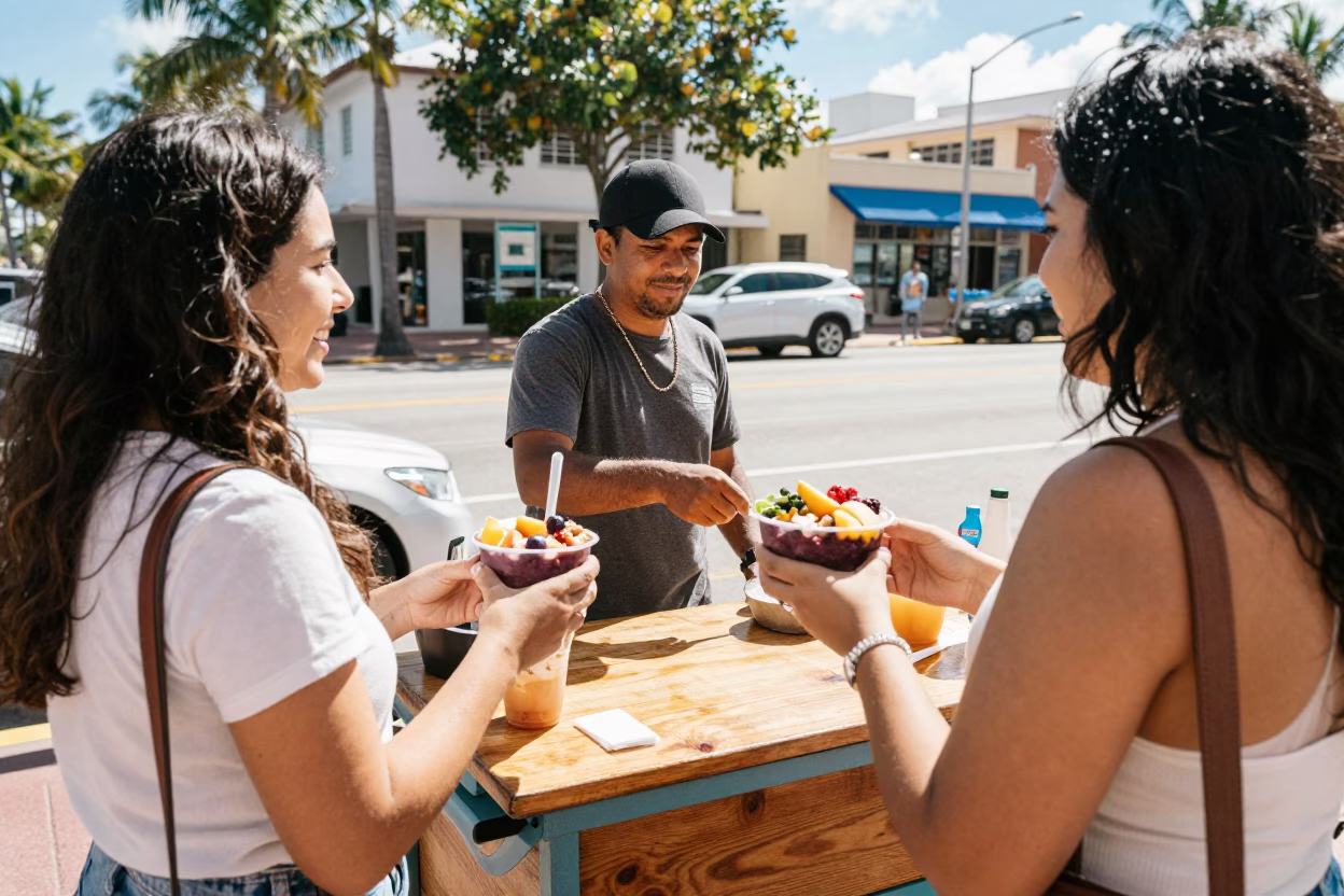 Bright Midmorning Miami Florida USA Street Scene with Local Refreshments and Urban Architecture in in Miami, Florida, United States
