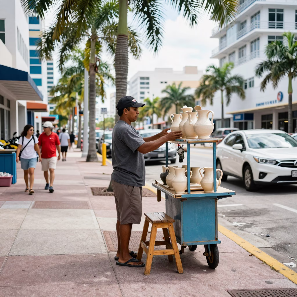 Bright Midmorning Miami Street Scene with Ceramic Pitcher and Step Stool in Florida in in Miami, Florida, United States