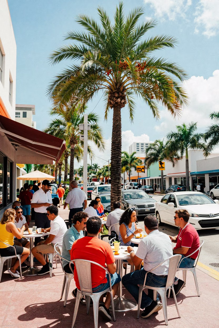 Bright Midmorning Miami Street Scene with Date Palm and Local Market Activity in in Miami, Florida, United States