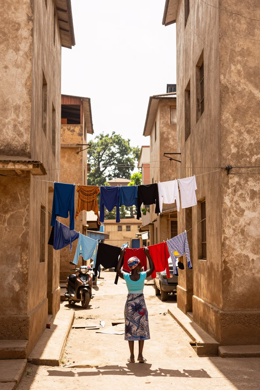 Bright Midmorning Nairobi Kenya Street Scene Woman Hanging Laundry Between Apartment Buildings in in Nairobi, Kenya
