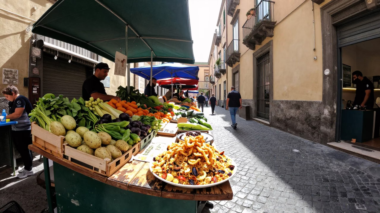 Bright Midmorning Naples Italy Street Scene with Local Market Activity in in Naples, Italy