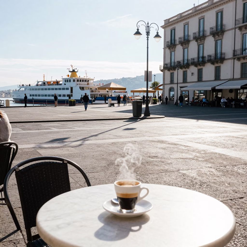 Bright Midmorning Naples Street Scene with Ferry Dock and Espresso Cup in in Naples, Italy