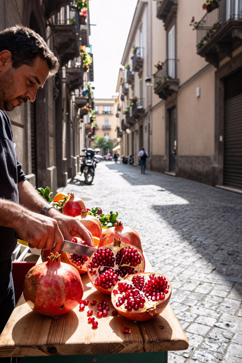 Bright Midmorning Naples Street Scene with Pomegranate and Bell Tower in in Naples, Italy