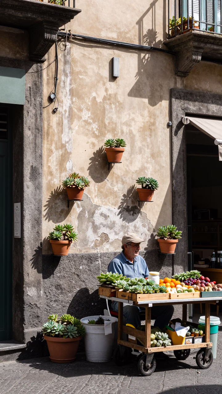 Bright Midmorning Naples Street Scene with Potted Succulents and Local Life in in Naples, Italy