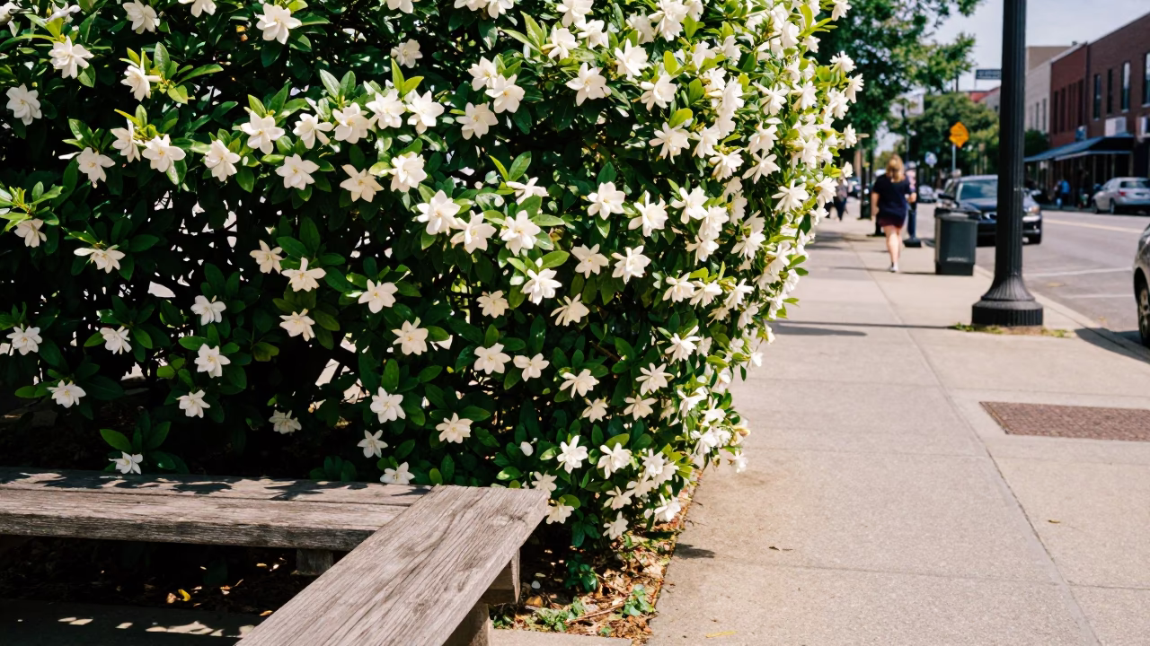 Bright Midmorning Nashville Street Scene with Gardenia Bush and Park Bench Detail in in Nashville, Tennessee, United States