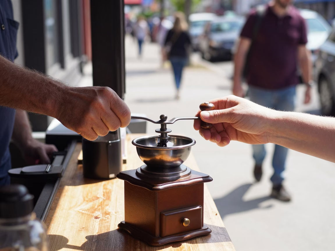 Bright Midmorning Nashville Street Scene with Vintage Coffee Grinder and Glass Tumbler in in Nashville, Tennessee, United States