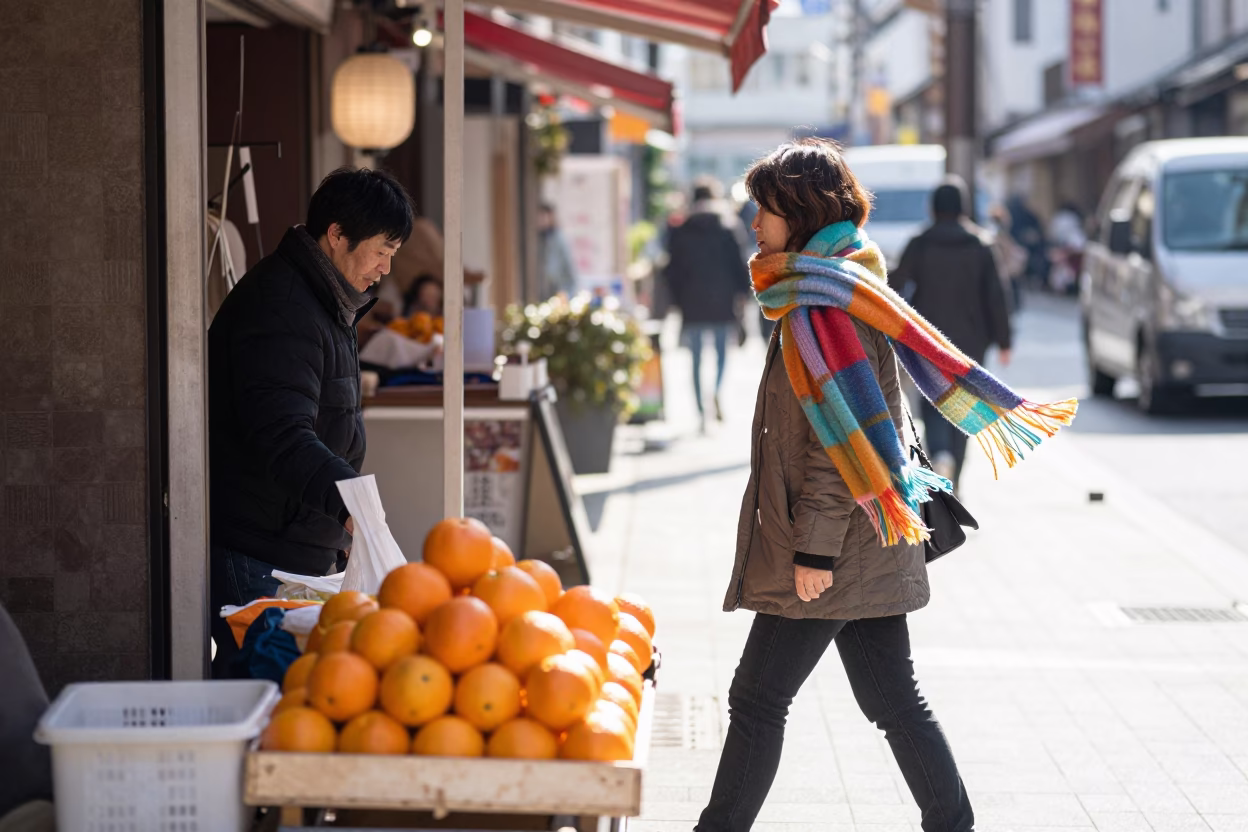 Bright Midmorning Osaka Street Scene with Scarf and Oranges in in Osaka, Japan