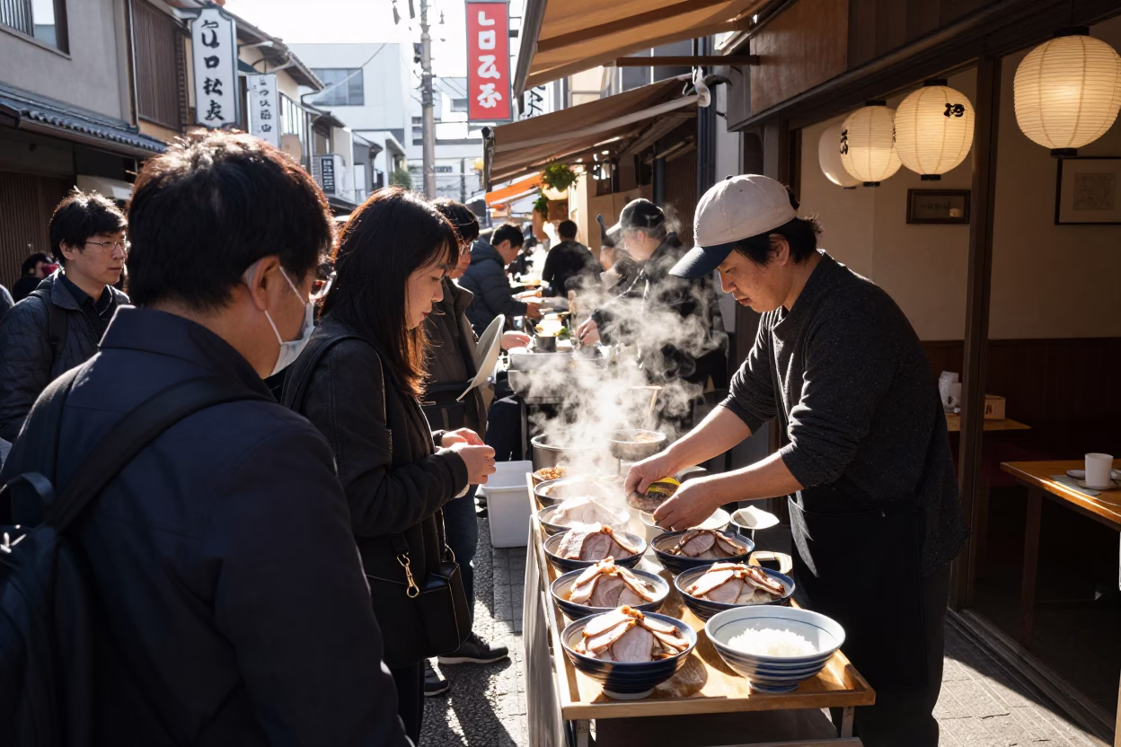 Bright Midmorning Osaka Street Scene with Traditional Food and Urban Landscape Elements in in Osaka, Japan