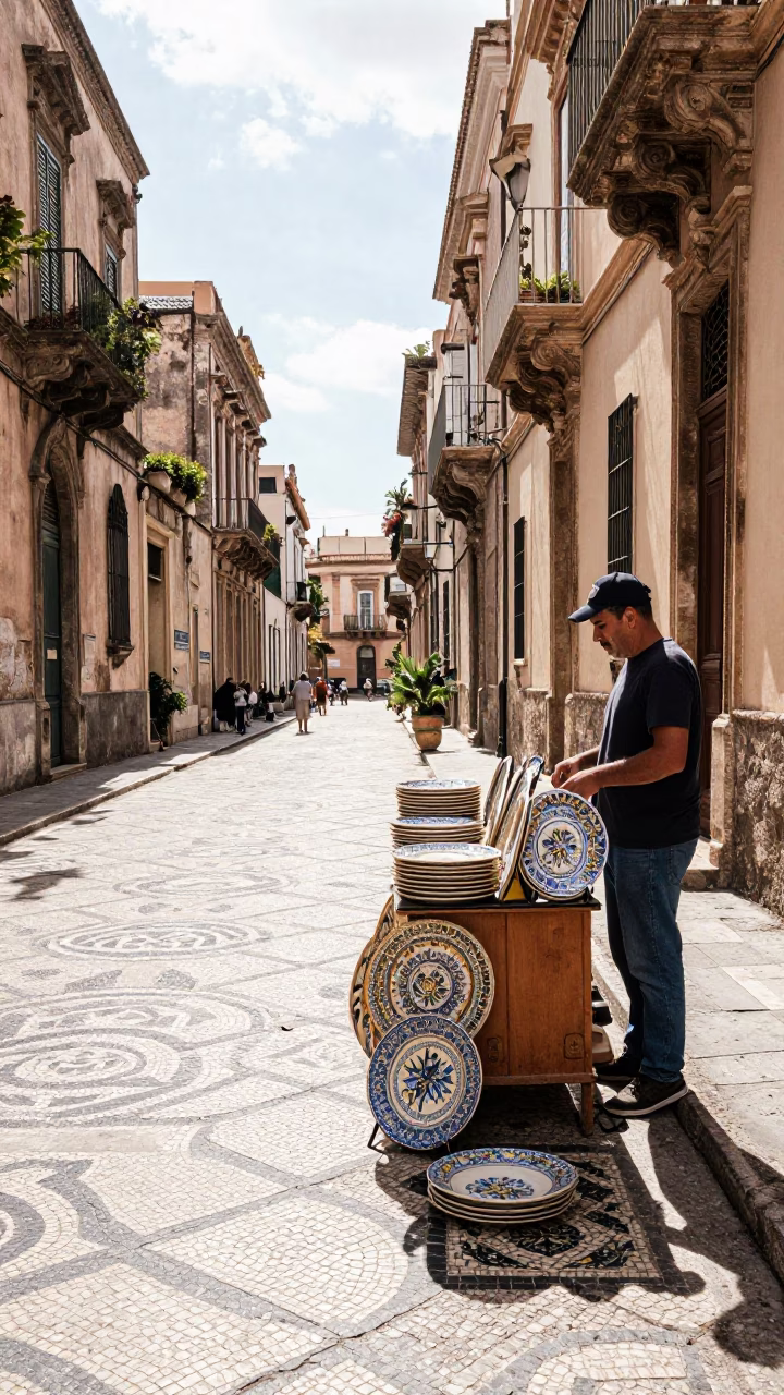 Bright Midmorning Palermo Street Scene with Vintage Majolica Plate and Local Market Activity in in Palermo, Italy