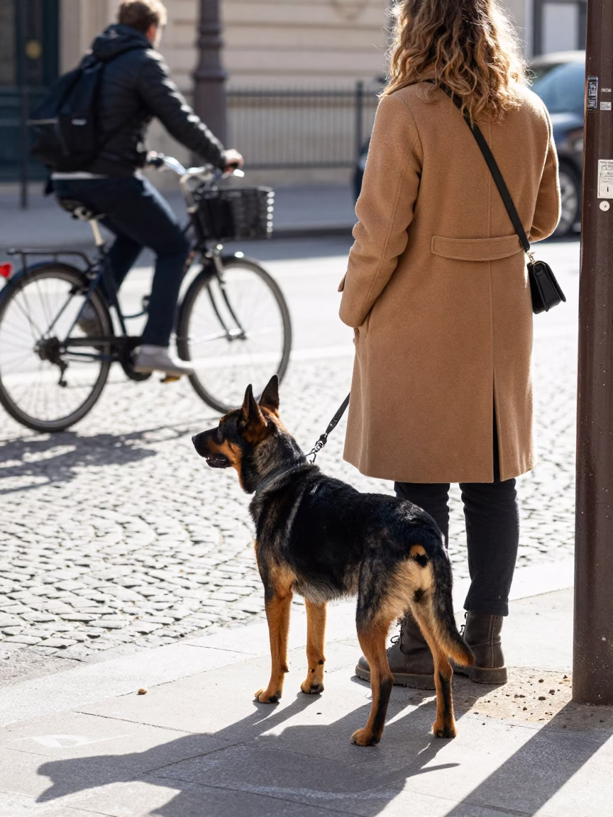 Bright Midmorning Paris Street Scene with Beauceron Dog and Urban Details in in Paris, France