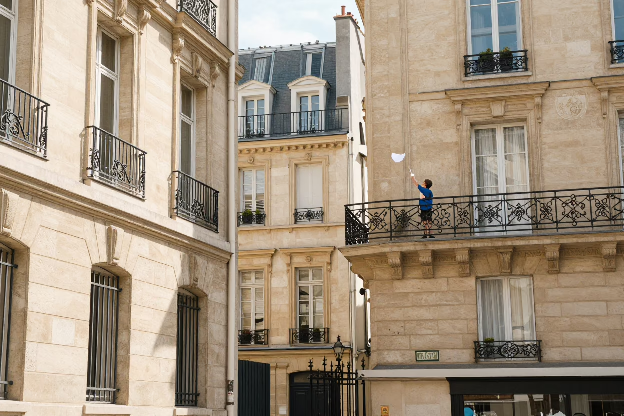 Bright Midmorning Paris Street Scene with Boy Flying Paper Airplane from Balcony in in Paris, France