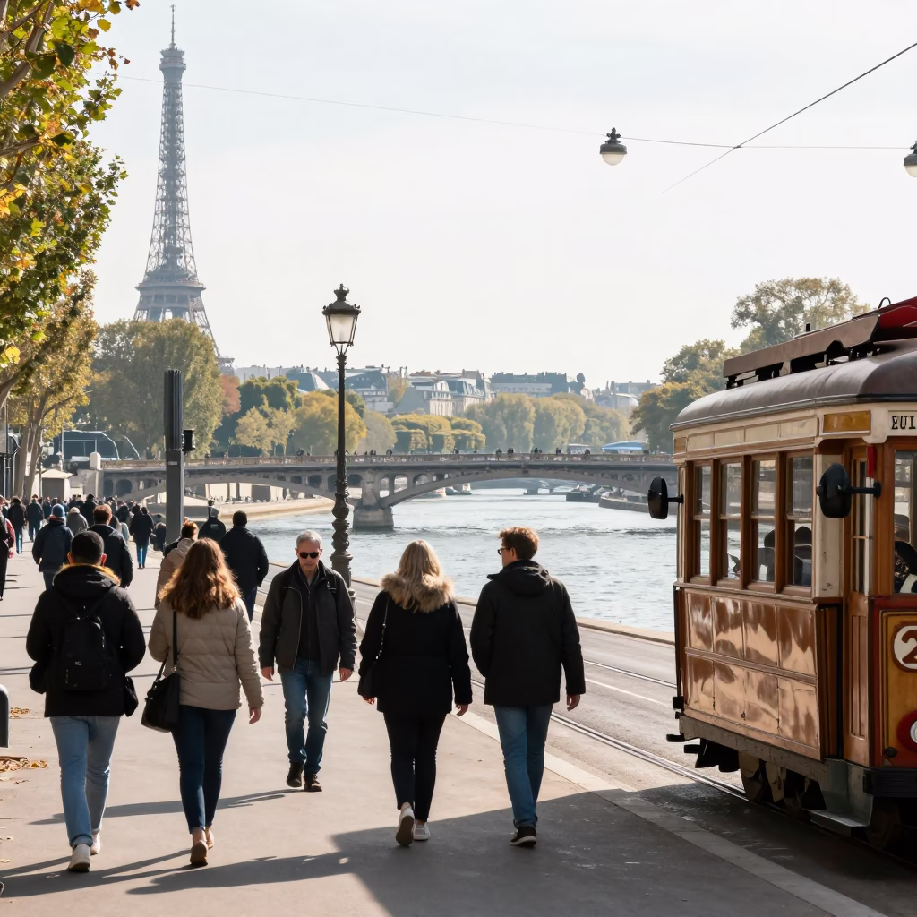 Bright Midmorning Paris Street Scene with Cable Car Bridge and Maintenance Cradle Over River in in Paris, France