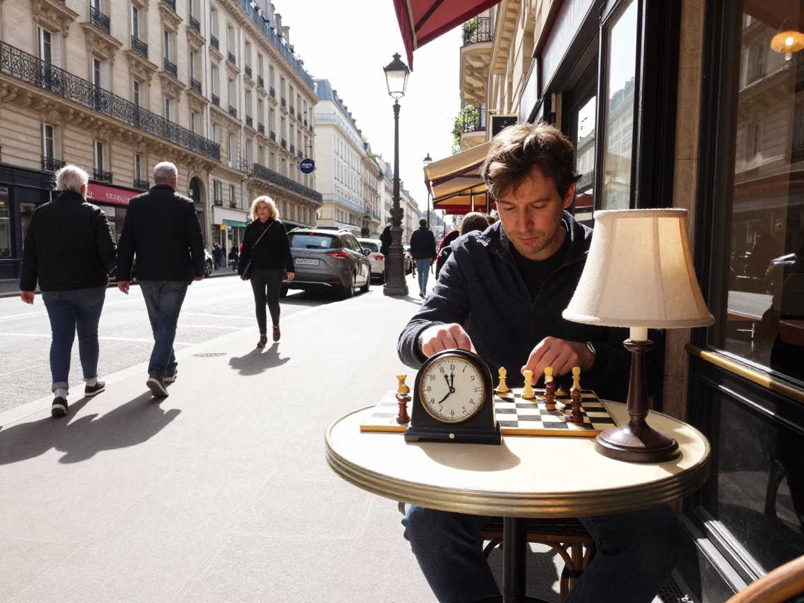 Bright Midmorning Paris Street Scene with Chess Clock and Lampshade in in Paris, France