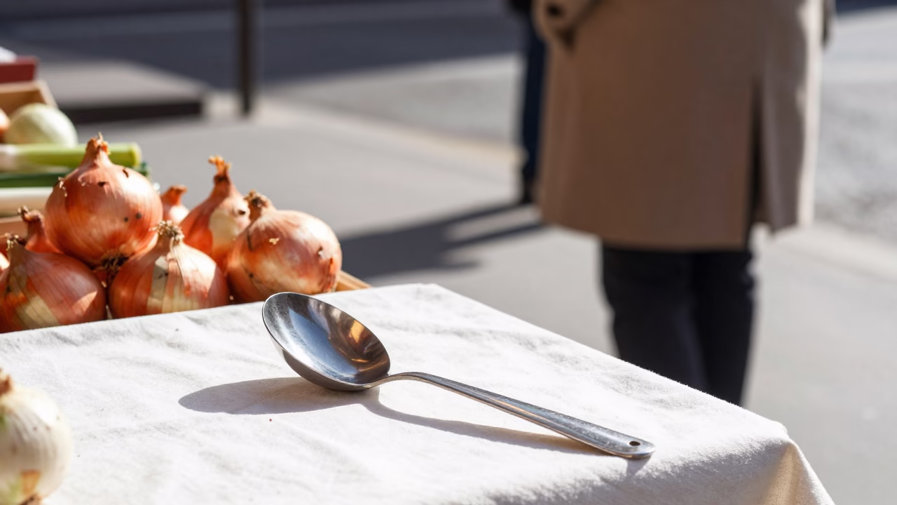 Bright Midmorning Paris Street Scene with Market Onions and Tea Infuser Detail in in Paris, France