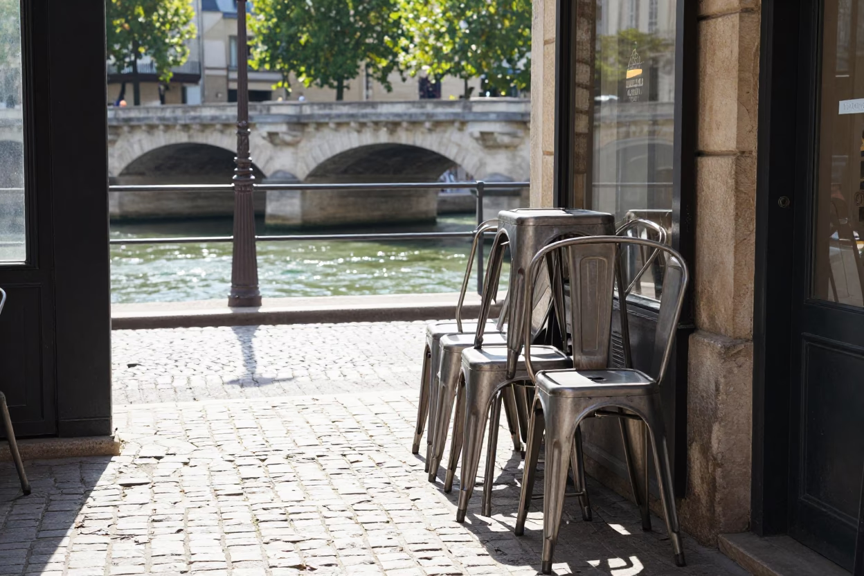 Bright Midmorning Paris Street Scene with Metal Stools and Canal Lock Details in in Paris, France