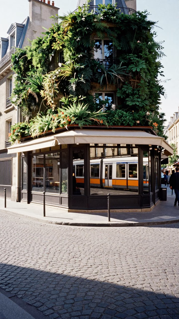 Bright Midmorning Paris Street Scene with Tram Reflection and Succulent Cafe Wall in in Paris, France