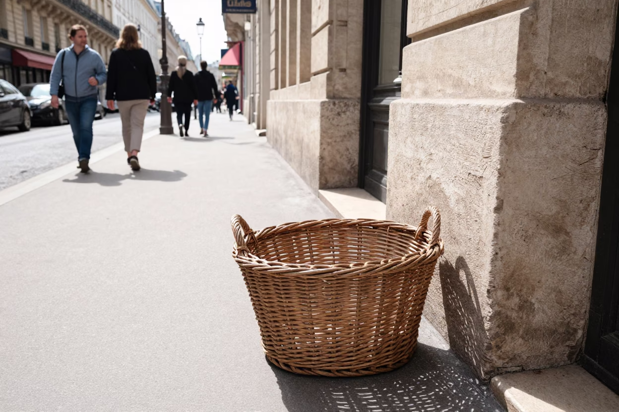 Bright Midmorning Paris Street Scene with Vintage Wicker Hamper and Local Market Details in in Paris, France