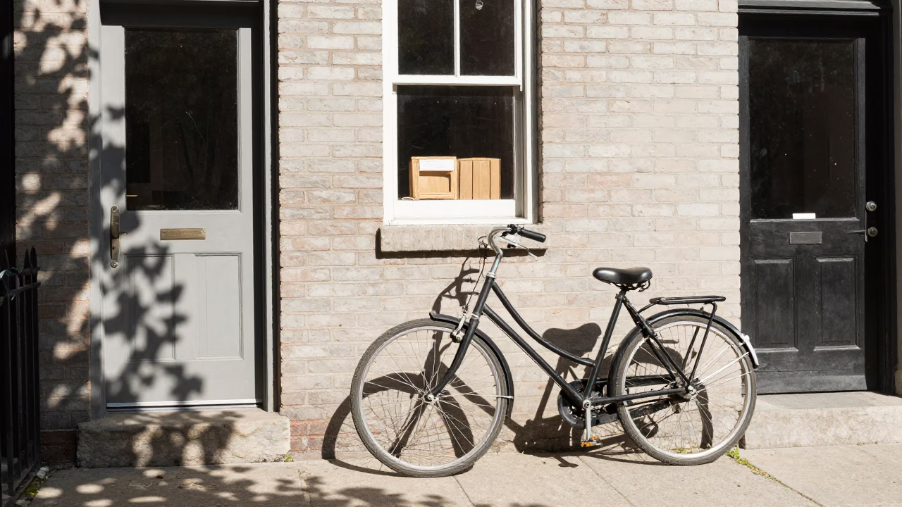 Bright Midmorning Philadelphia Street Scene with Bicycle and Bakery Details in in Philadelphia, Pennsylvania, United States