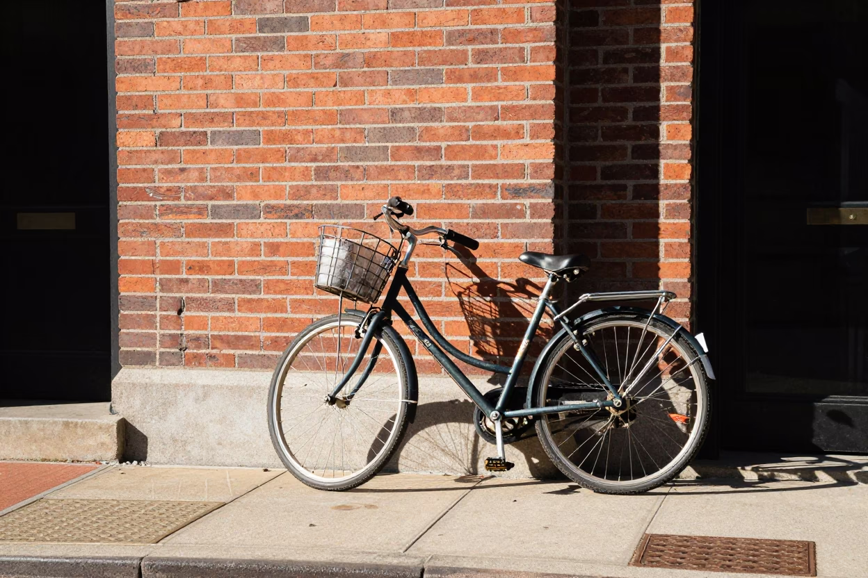 Bright Midmorning Philadelphia Street Scene with Bicycle Basket and Hand Broom Detail in in Philadelphia, Pennsylvania, United States