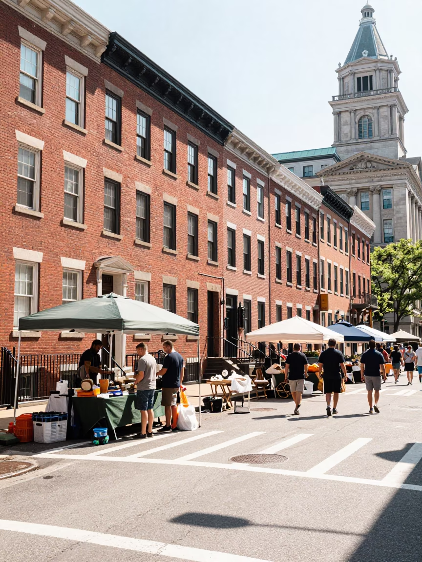 Bright Midmorning Philadelphia Street Scene with Local Market Vendors and City Architecture in in Philadelphia, Pennsylvania, United States