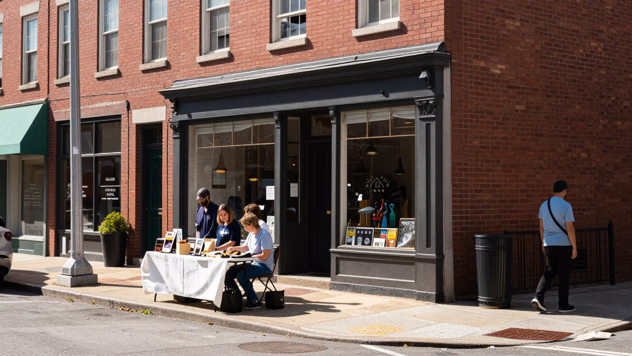 Bright Midmorning Philadelphia Street Scene with Local Shop Details and Glass Jars in in Philadelphia, Pennsylvania, United States
