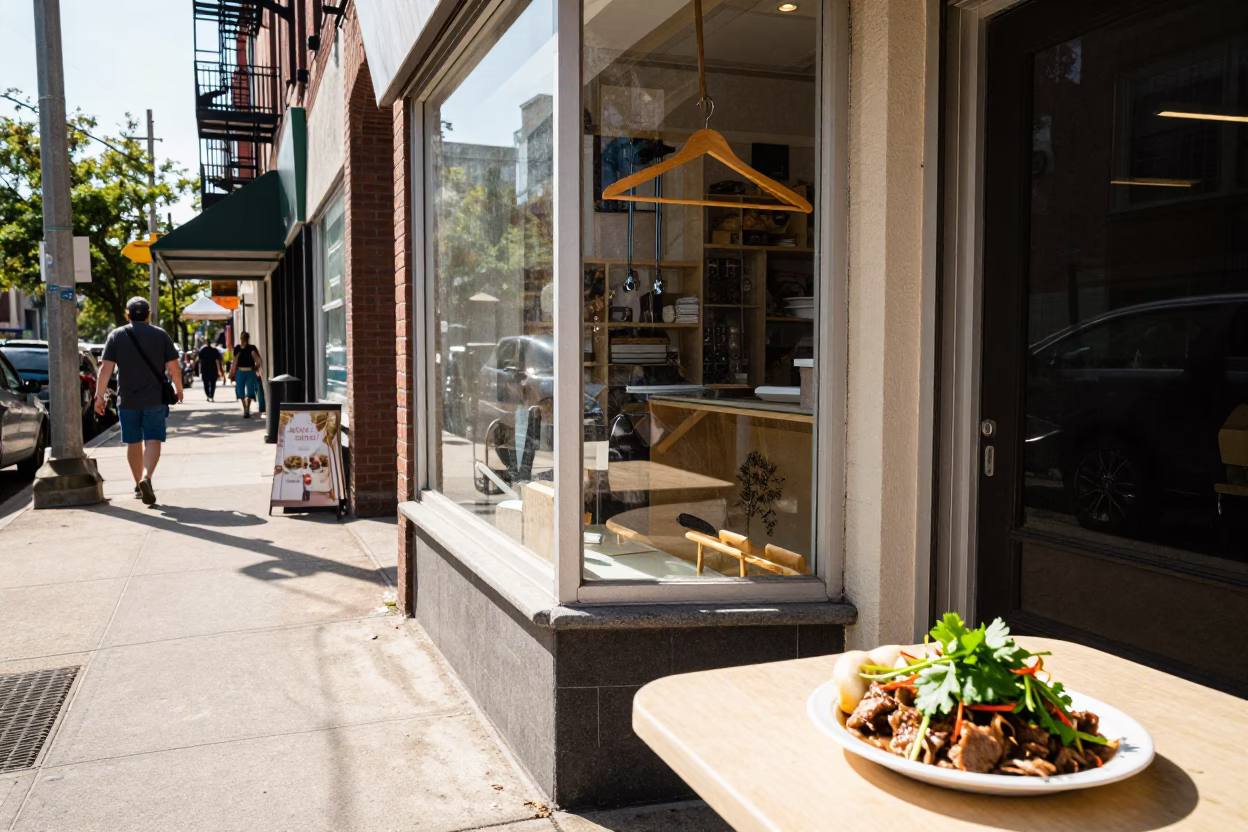 Bright Midmorning Philadelphia Street Scene with Local Shop Details in in Philadelphia, Pennsylvania, United States