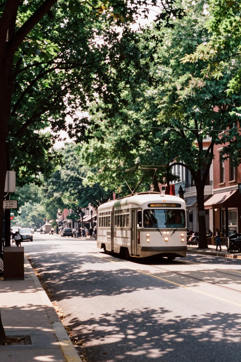 Bright Midmorning Philadelphia Street Scene with Tramcar and Urban Details in in Philadelphia, Pennsylvania, United States