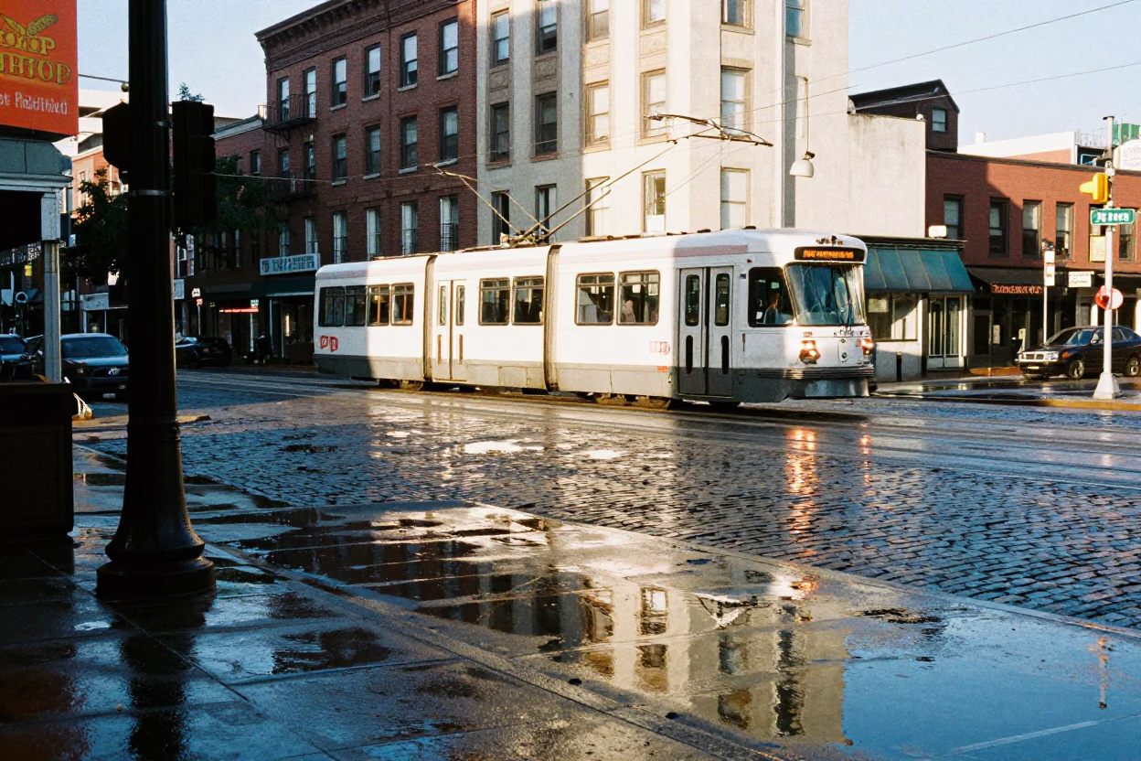 Bright Midmorning Philadelphia Street Scene with Tramcar Reflection and Cobblestones in in Philadelphia, Pennsylvania, United States
