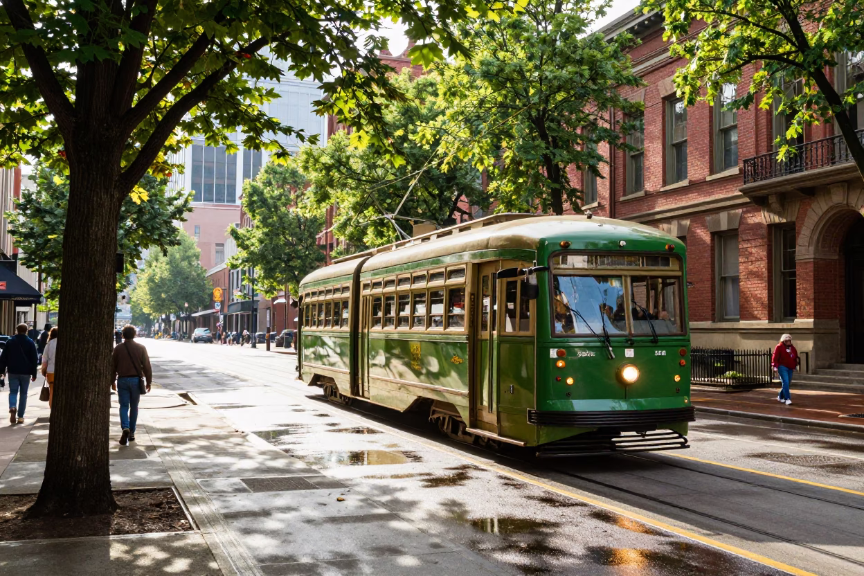 Bright Midmorning Portland Street Scene with Tramcar and Tree Lined Boulevard in in Portland, Oregon, United States