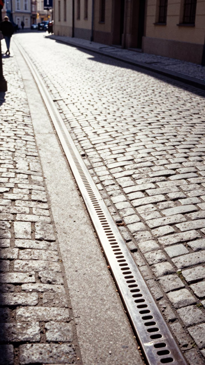 Bright Midmorning Prague Street Scene with Brushed Steel Drain and Kitchen Shelves in in Prague, Czech Republic