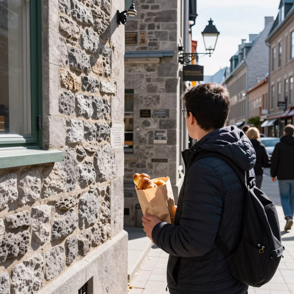 Bright Midmorning Quebec City Street Scene with Pastries and Stone Architecture in in Quebec City, Quebec, Canada