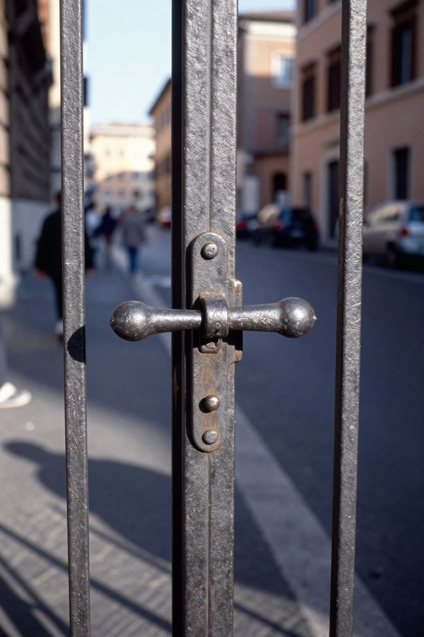 Bright Midmorning Rome Street Scene with Iron Gate Handle and Umbrella Stand in in Rome, Italy