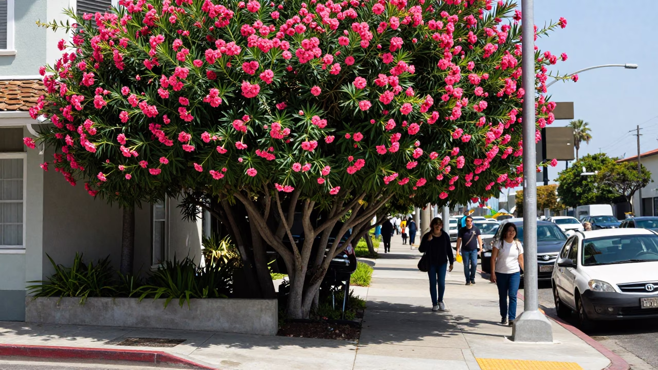 Bright Midmorning San Diego Street Scene with Oleander Hedge and Local Activity in in San Diego, California, United States