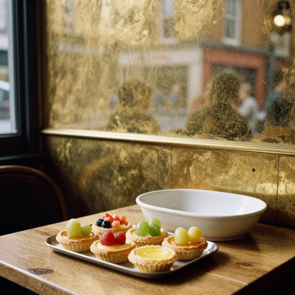 Bright Midmorning Scene in Dublin Ireland with Brass Wall and Fruit Tarts in in Dublin, Ireland