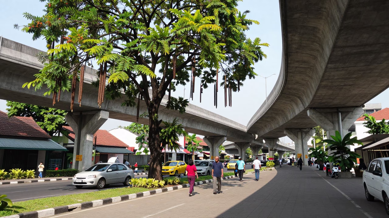 Bright Midmorning Scene in Yogyakarta Indonesia with Tamarind Tree and Flyover Shadows in in Yogyakarta, Indonesia