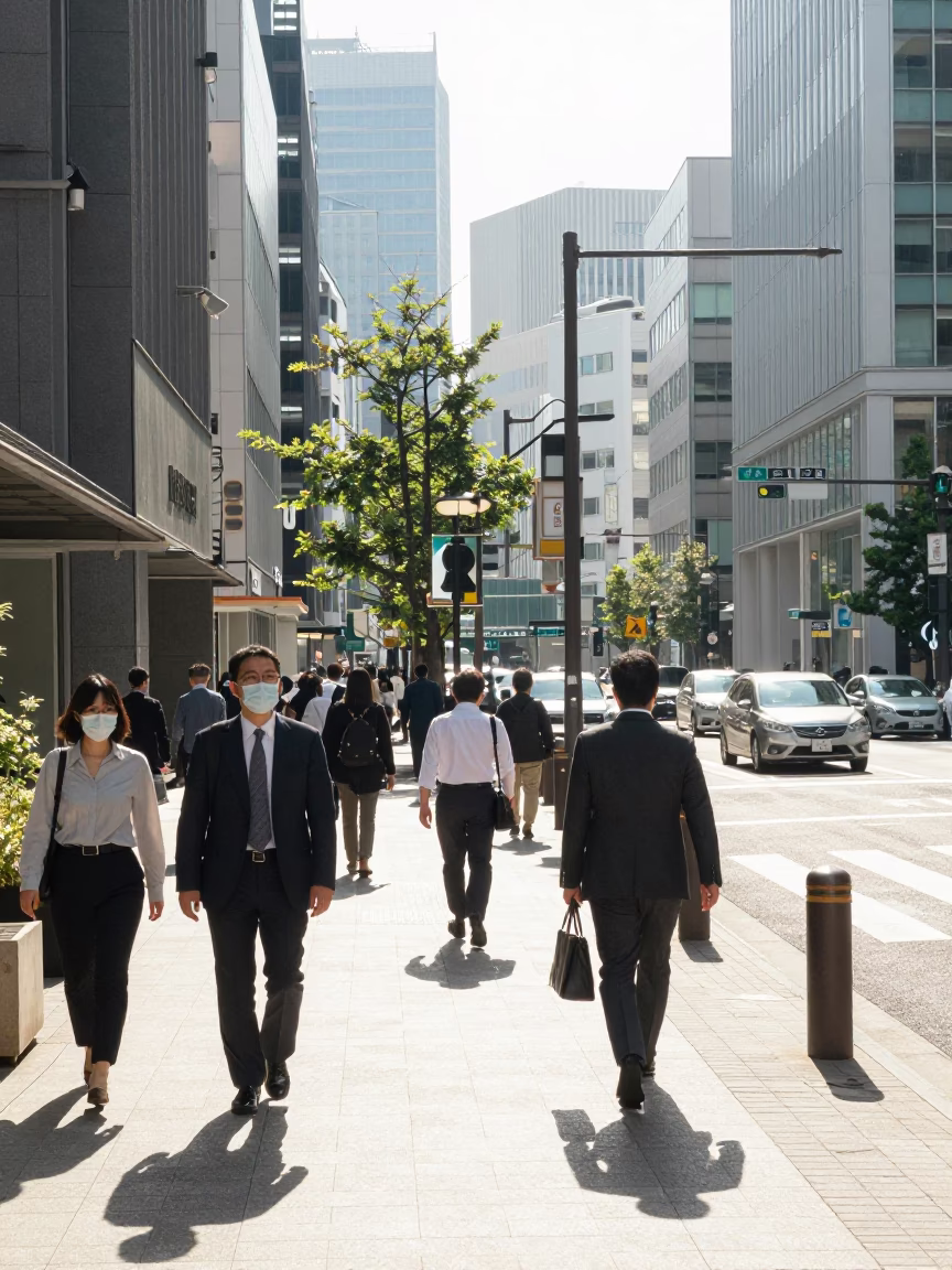 Bright Midmorning Scene of Fukuoka Japan Street Life and Urban Details in in Fukuoka, Japan
