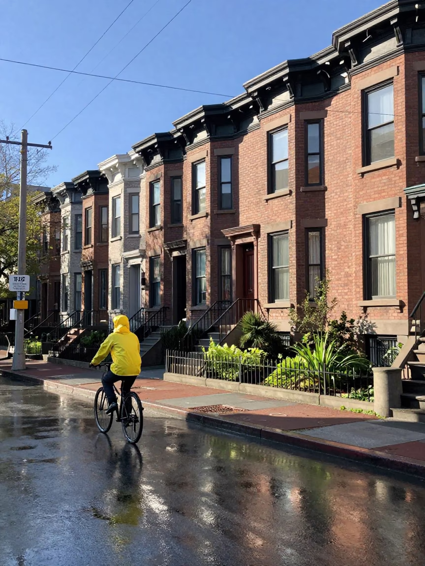 Bright Midmorning Seattle Street Scene with Cyclist and Garden Tools in in Seattle, Washington, United States