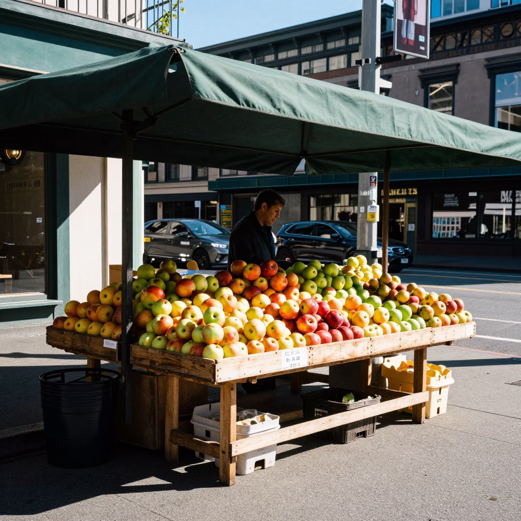 Bright Midmorning Seattle Street Scene with Fruit Stand and Geraniums in in Seattle, Washington, United States