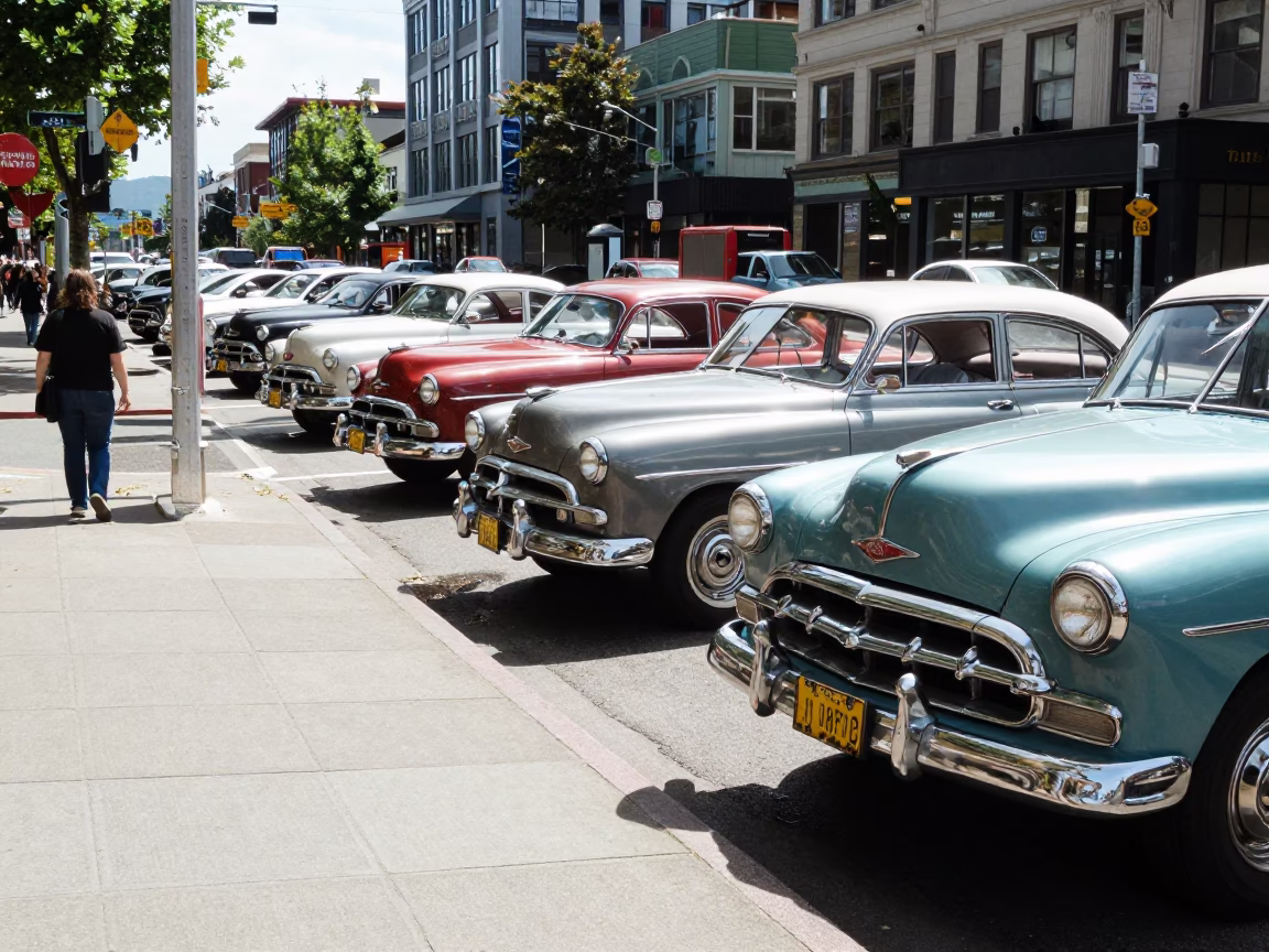 Bright Midmorning Seattle Street Scene with Vintage Cars and Pedestrians in in Seattle, Washington, United States