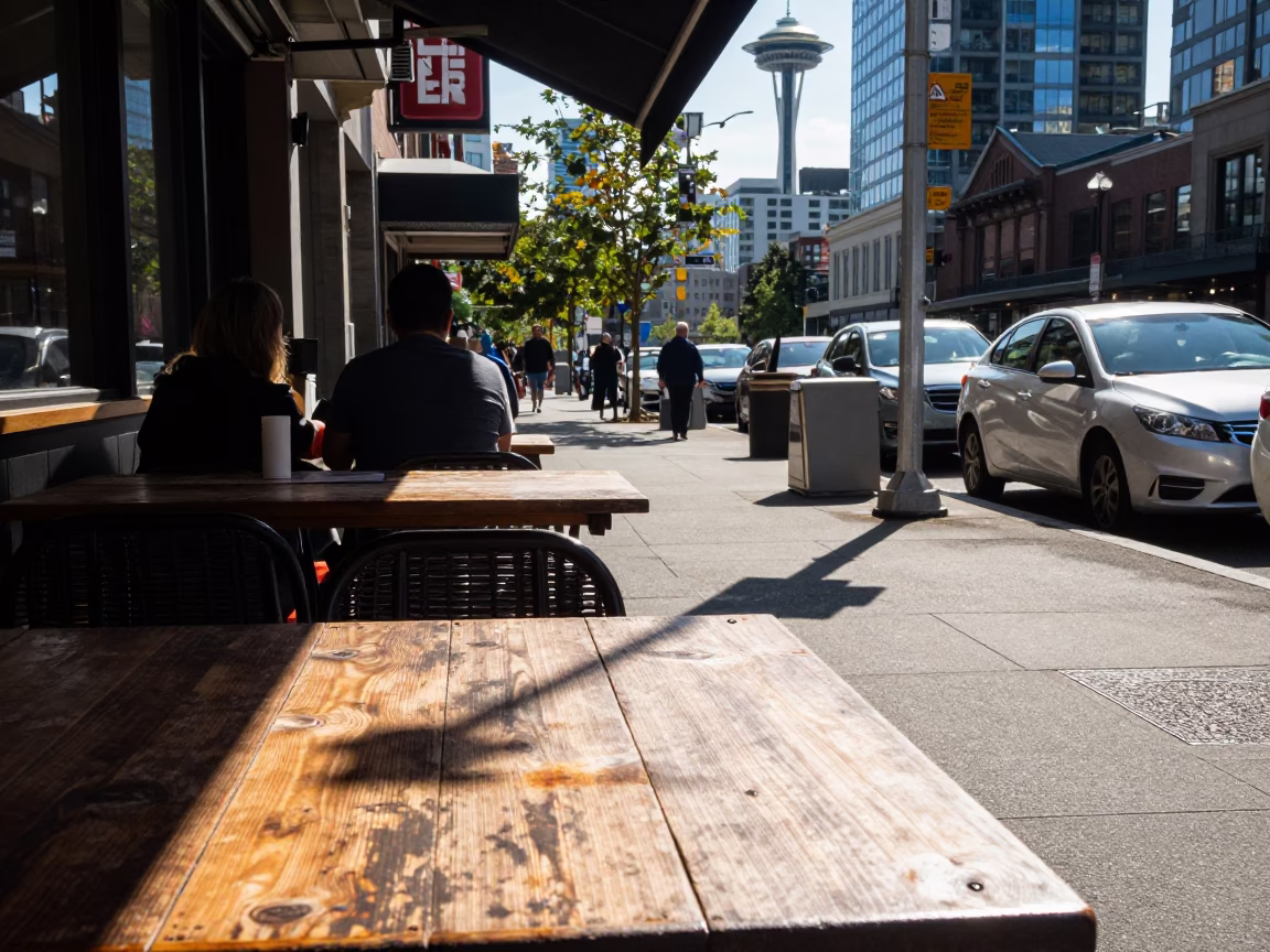 Bright Midmorning Seattle Street Scene with Wicker Shadow and Glass Jar on Wooden Table in in Seattle, Washington, United States