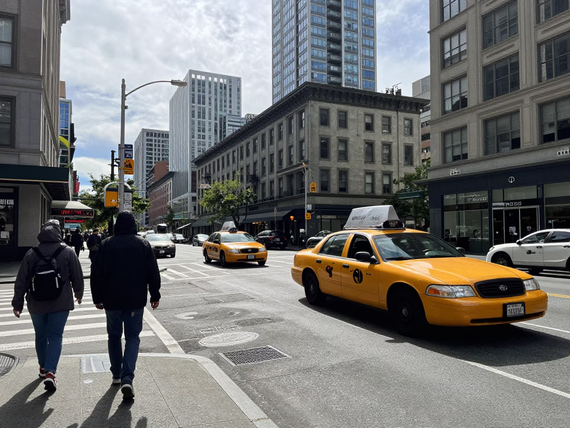Bright Midmorning Seattle Street Scene with Yellow Cab and Pedestrians in Washington in in Seattle, Washington, United States