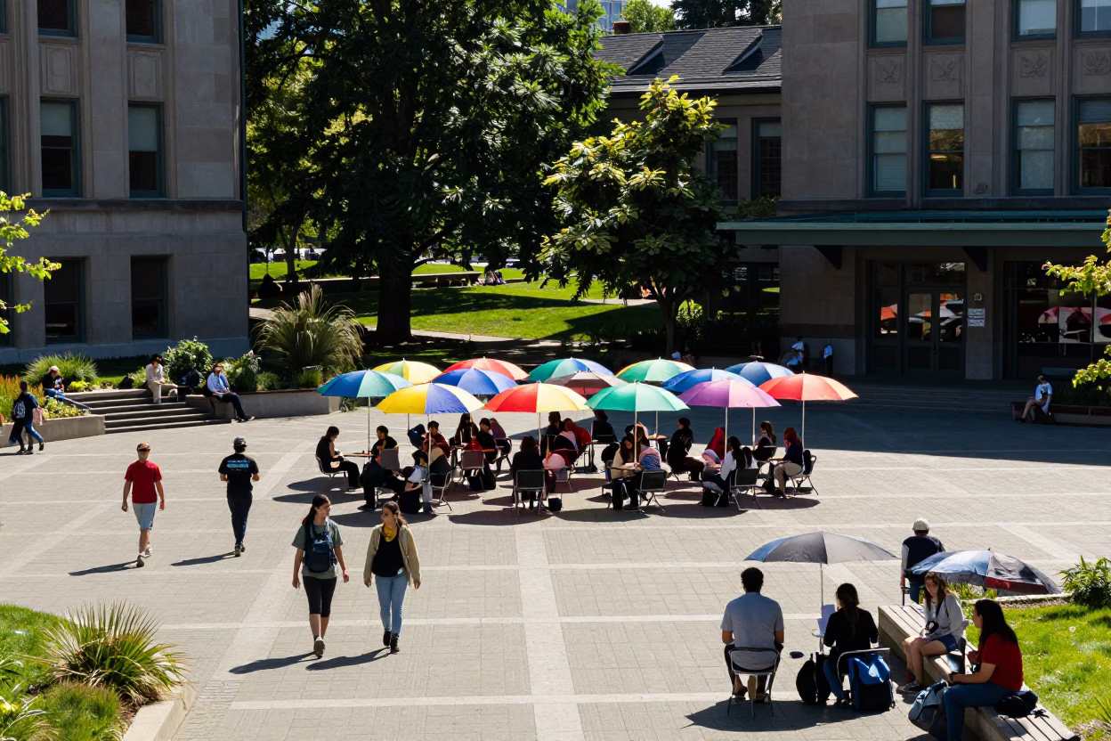 Bright Midmorning Seattle University Courtyard with Colorful Umbrellas Between Classes in in Seattle, Washington, United States