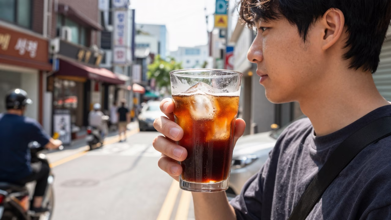 Bright Midmorning Seoul Street Scene with Glass Tumbler and Urban Life in in Seoul, South Korea