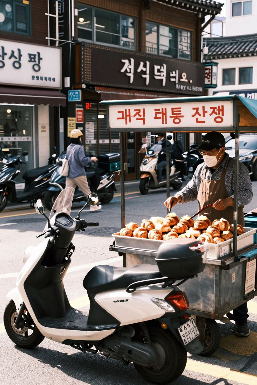 Bright Midmorning Seoul Street Scene with Scooter and Local Details in in Seoul, South Korea