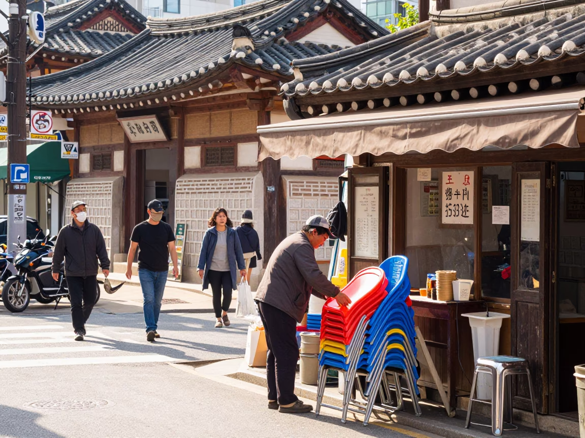 Bright Midmorning Seoul Street Scene with Traditional Korean Architecture and Local Life in in Seoul, South Korea