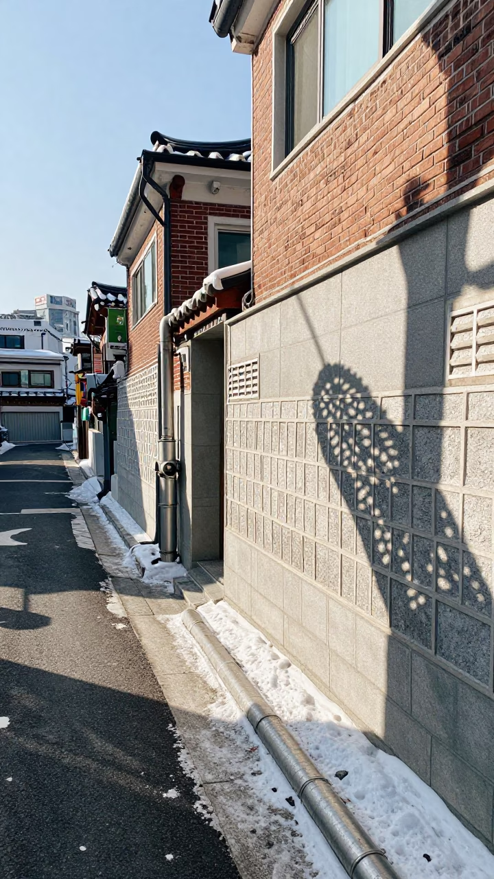 Bright Midmorning Seoul Street Scene with Wicker Shadow and District Heating Pipes in in Seoul, South Korea